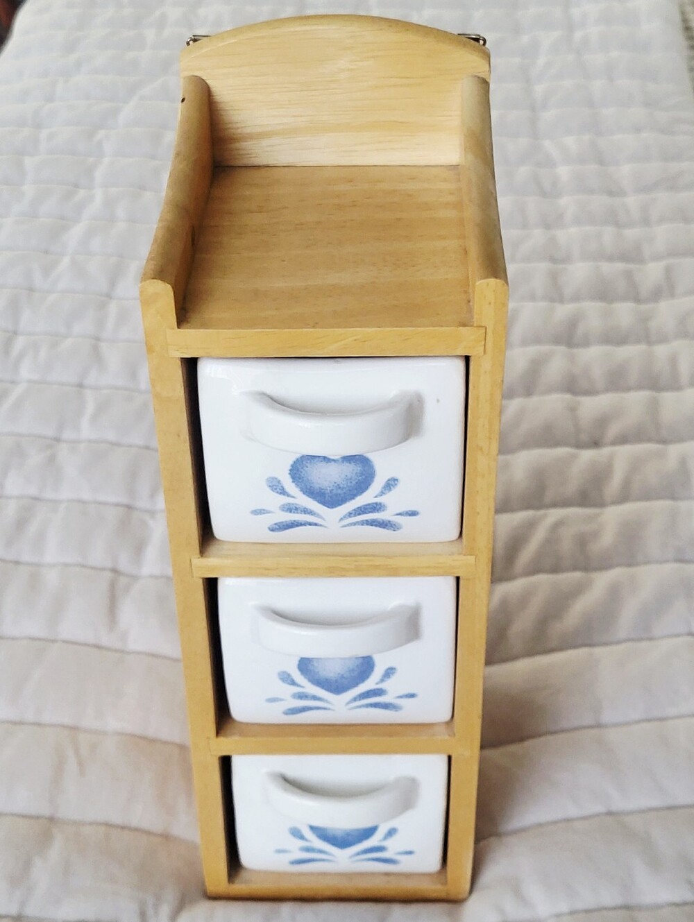 Vintage Country Wooden Countertop Shelf with Blue Sponge Painted Heart Drawers